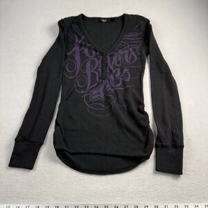 Fox Racing Womens XS Black Purple Graphic Waffle Knit Henley Thermal Top